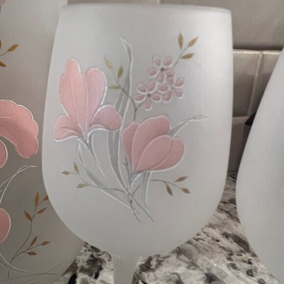 Vintage 1980s Pink Iris Italian Satin Frosted Glass Pitcher, 2 Wine 3 Tumblers - Picture 12 of 15